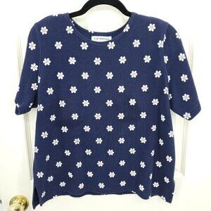 Vintage 90s C.D. Petites Rubber-Print Daisy Tee PL Navy Blue/White Flowers